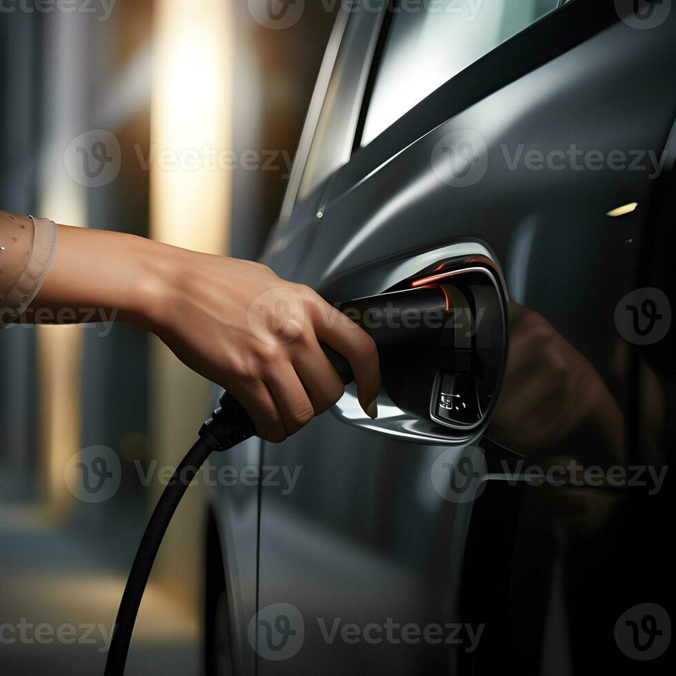 electrónico coche cargando estación se detiene repostaje puntos y eléctrico coche batería, mano empujar botón comenzando fuerza, ev eléctrico coche de el futuro, ambientalmente simpático energía foto