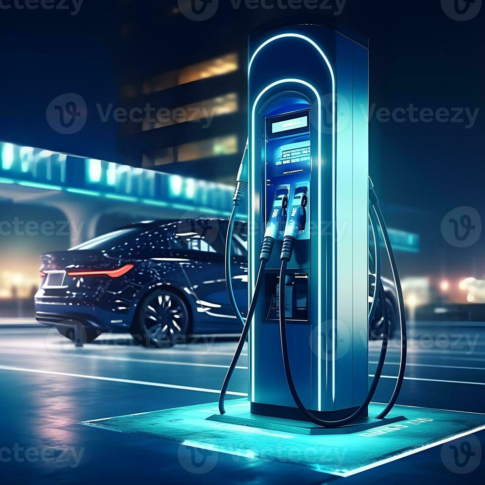 electronic car charging station stops refueling points and electric car battery, hand push button starting power, EV electric car of the future, environmentally friendly energy photo