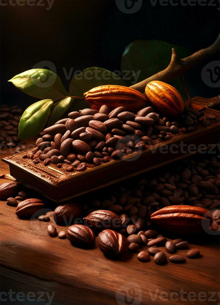 un rama de cacao con frijoles y hojas mentiras en un de madera mesa, vertical imagen, ai generado. foto