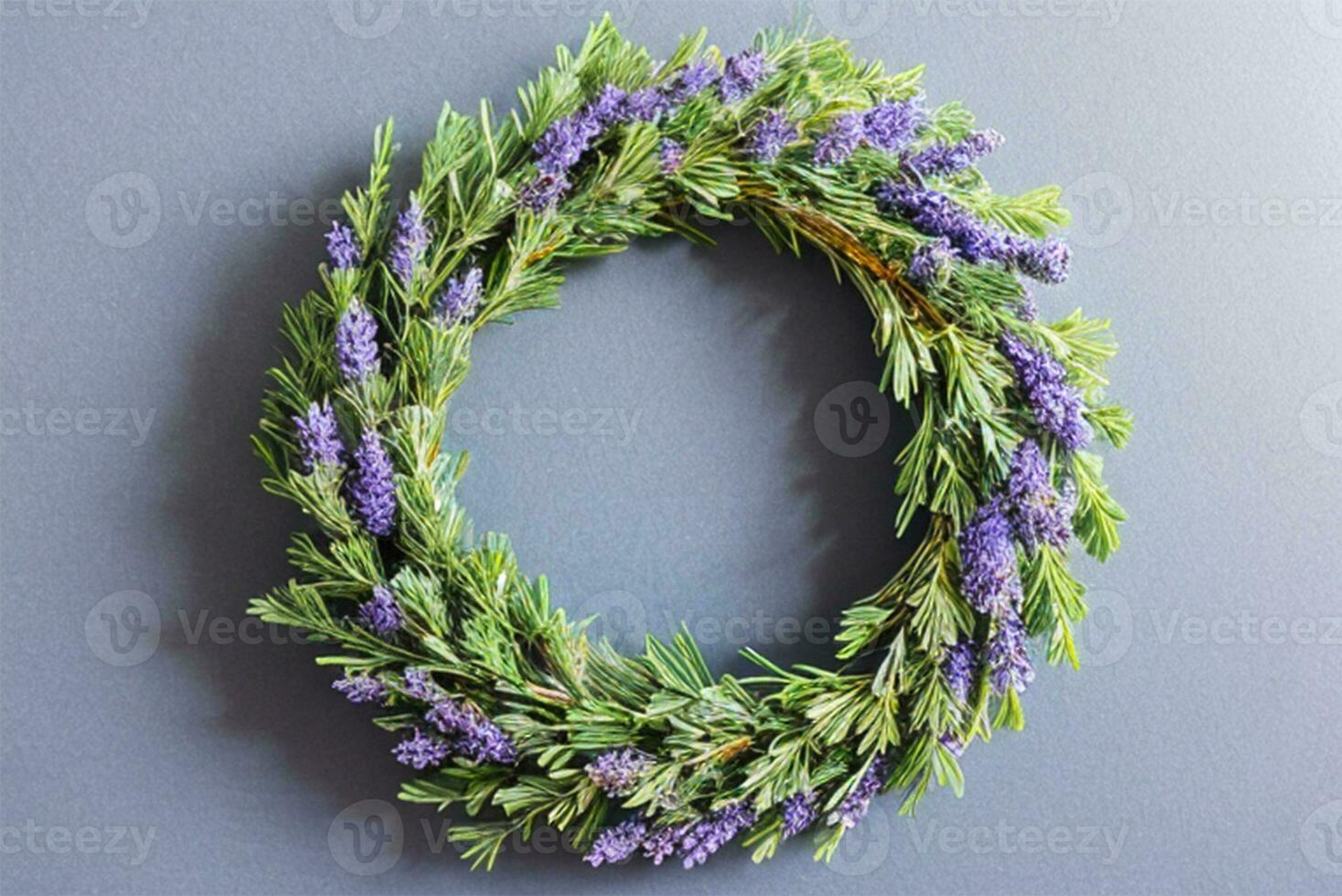 A wreath of lavender sprigs on a blue background, AI generated. photo