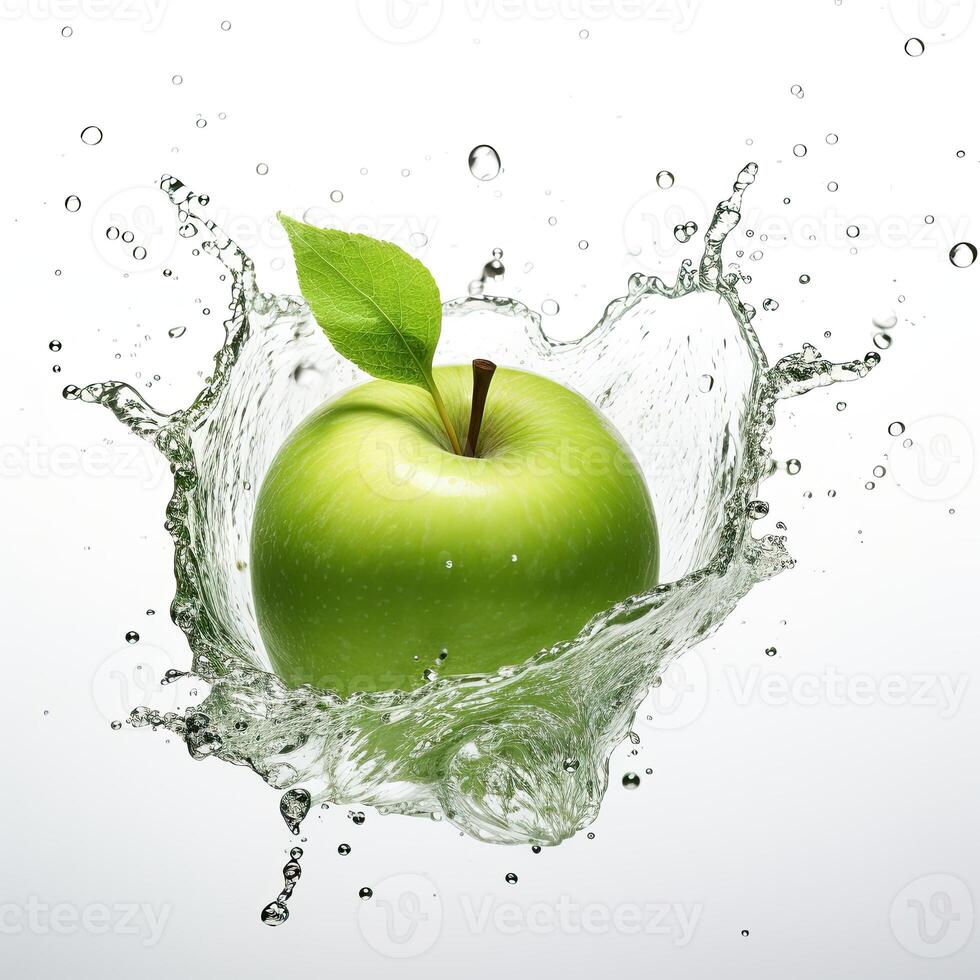 Fresh green apple in water splash on white backround. photo