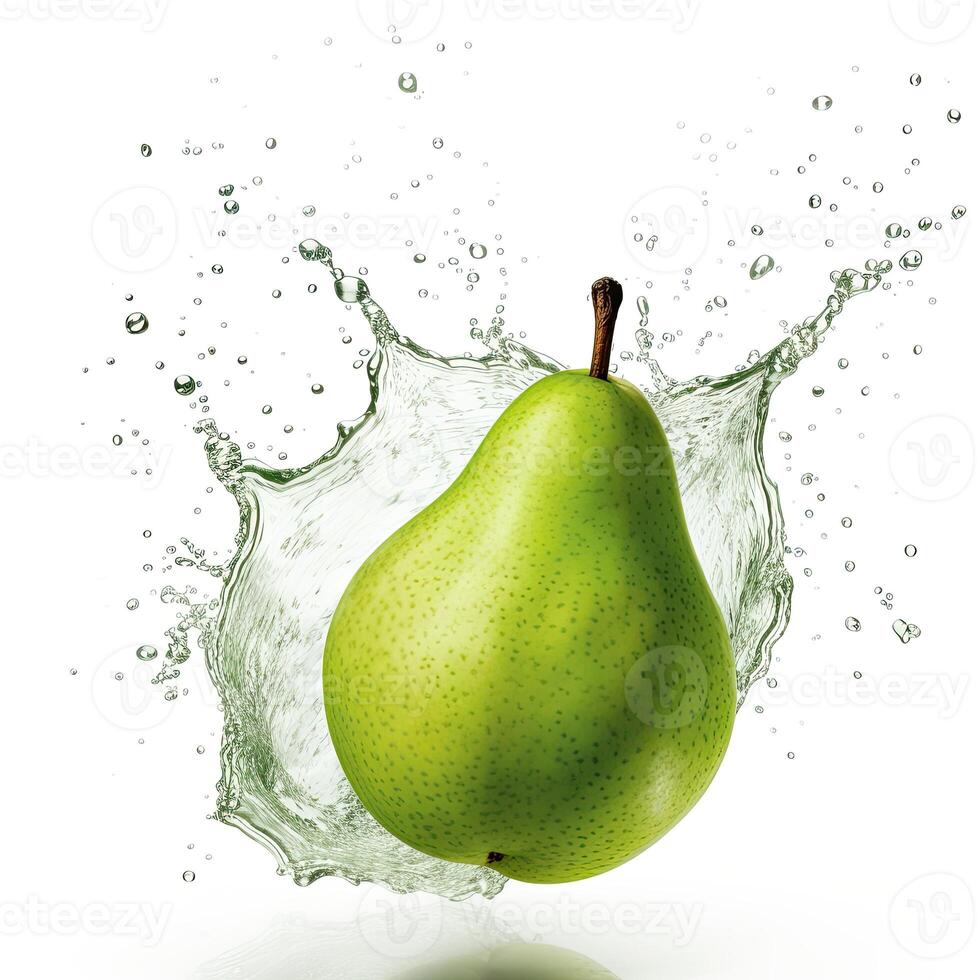 Fresh green pear in water splash on white backround. Juicy fruit. photo