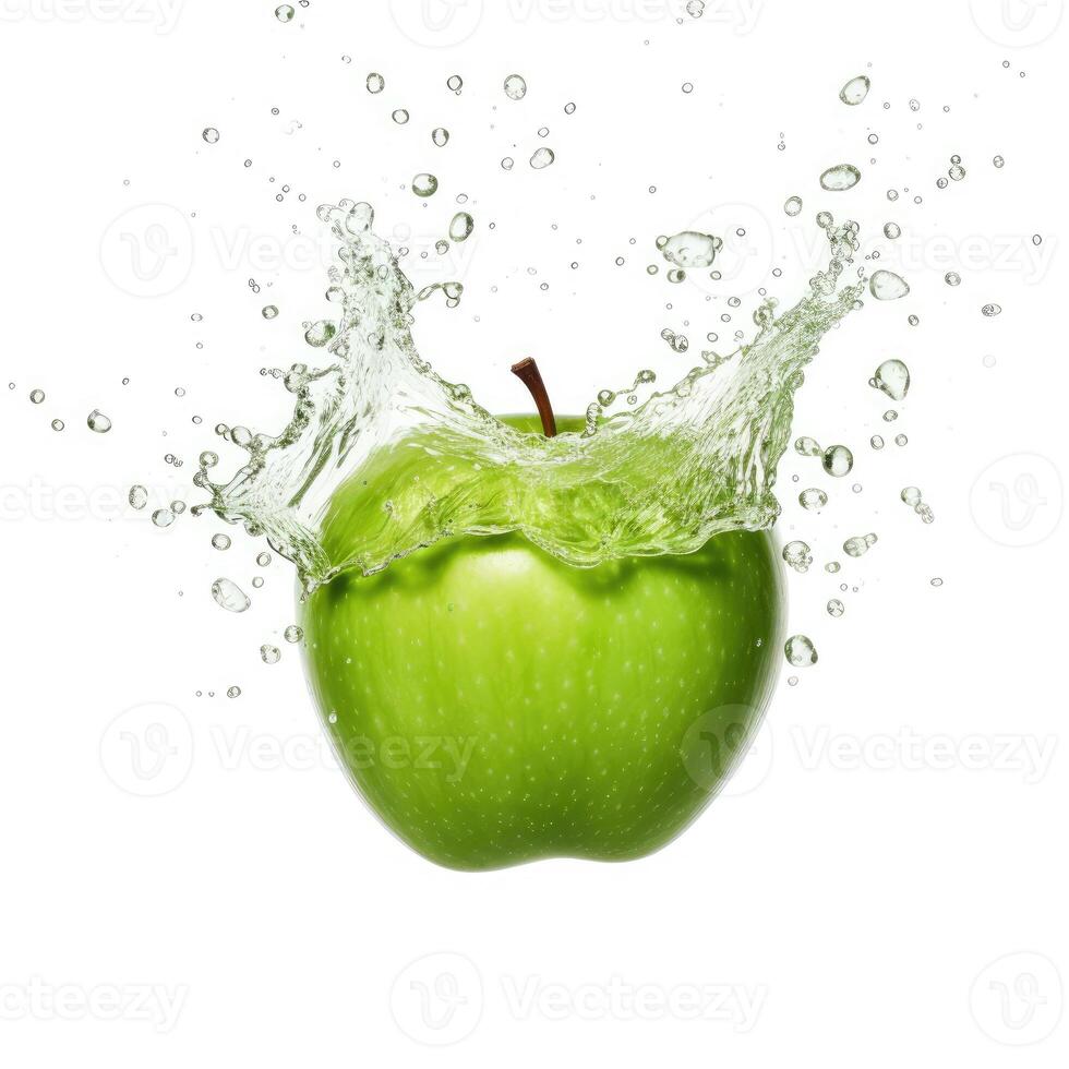 Fresh green apple in water splash on white backround. Generative AI photo