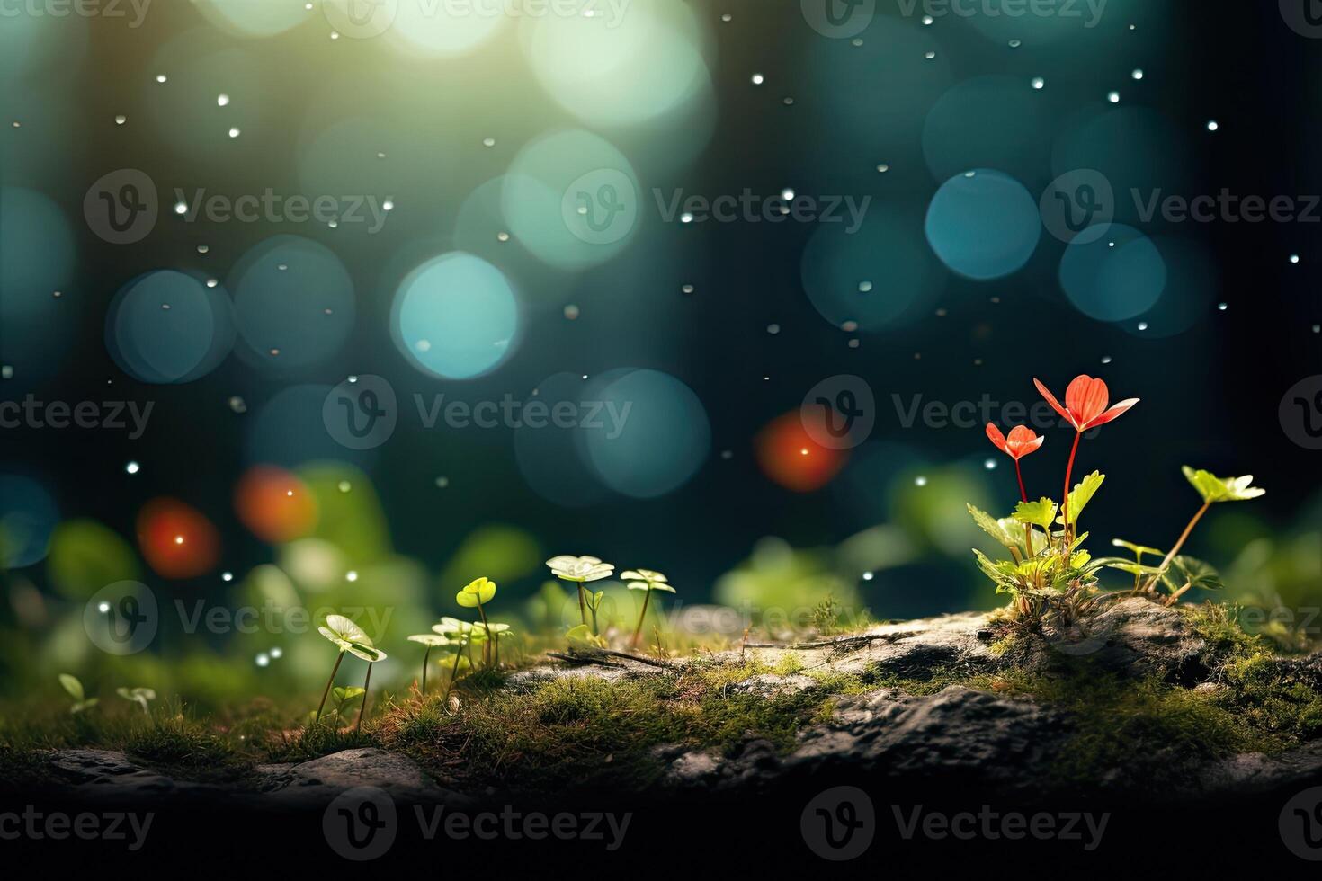 Spring nature background. Green grass flowers field with bokeh. photo