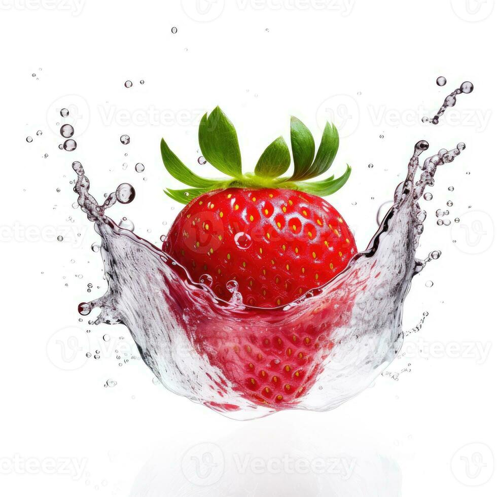 Fresh strawberry in water splash on white backround. Juicy fruit. Generative AI photo