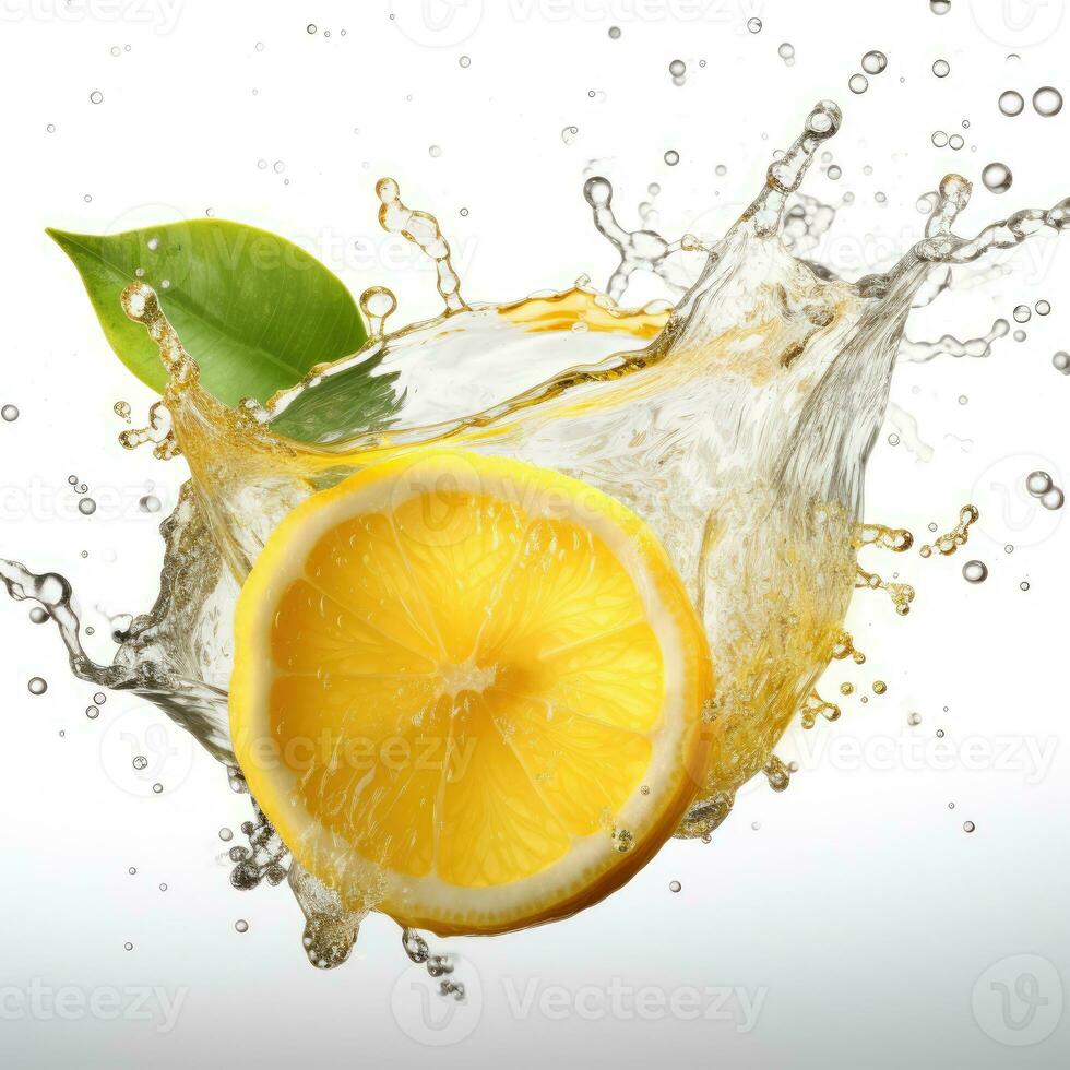 Fresh lemon in water splash on white backround. Juicy fruit. Generative AI photo