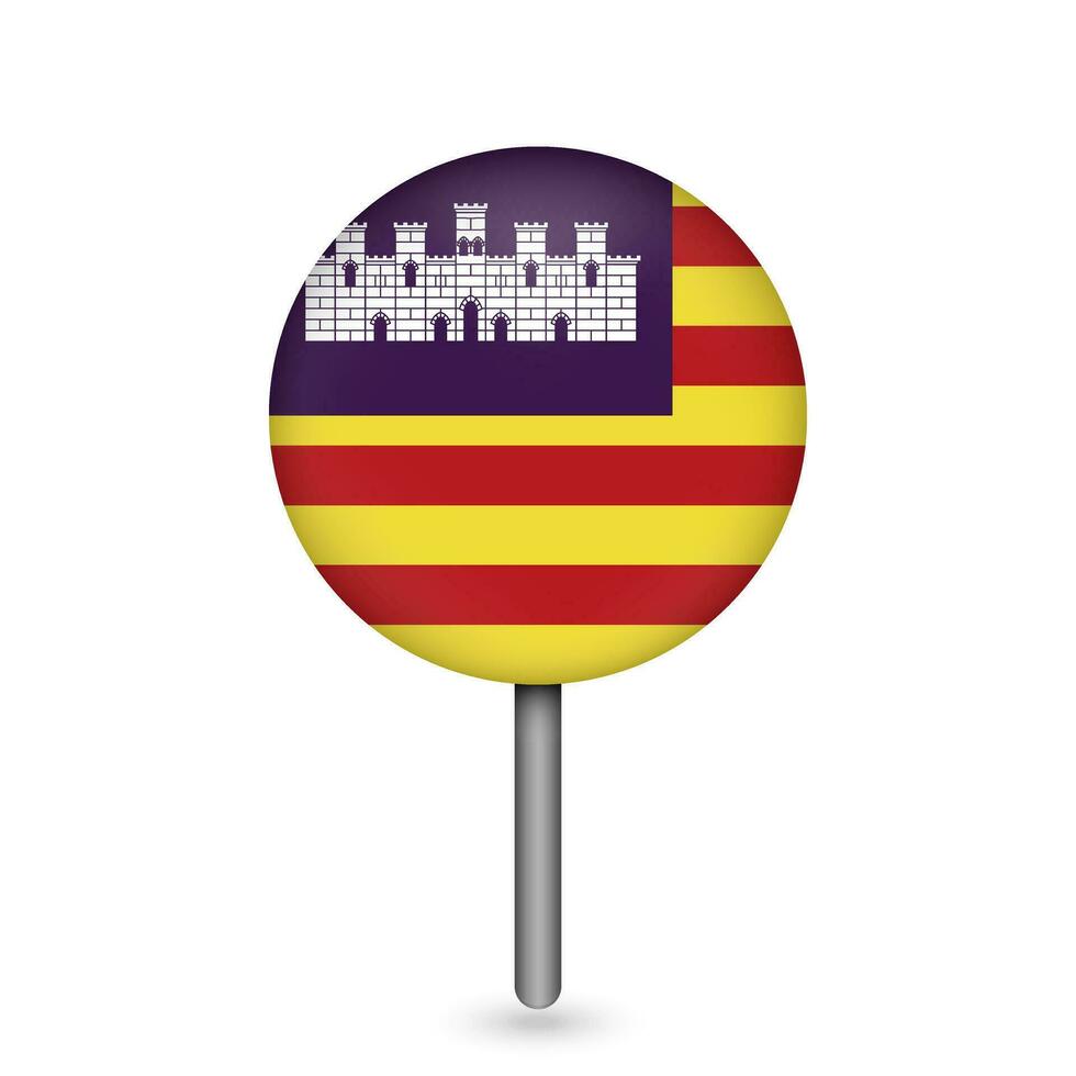 Map pointer with Balearic Islands flag, autonomous community of Spain. Vector illustration.