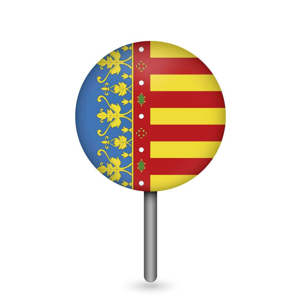 Map pointer with Valencian Community flag, autonomous community of Spain. Vector illustration.