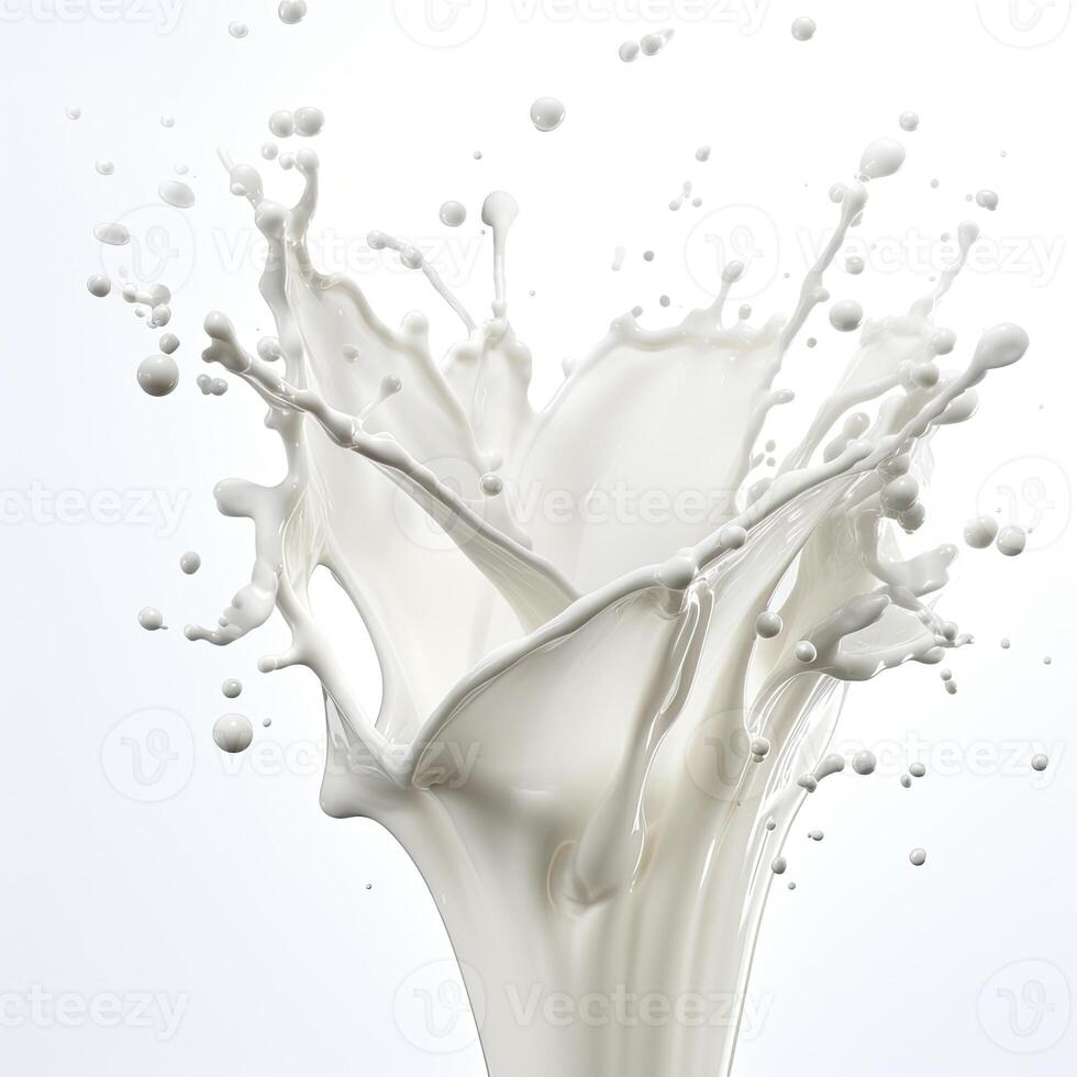 Milk white splash and drops on white background. Generative AI photo