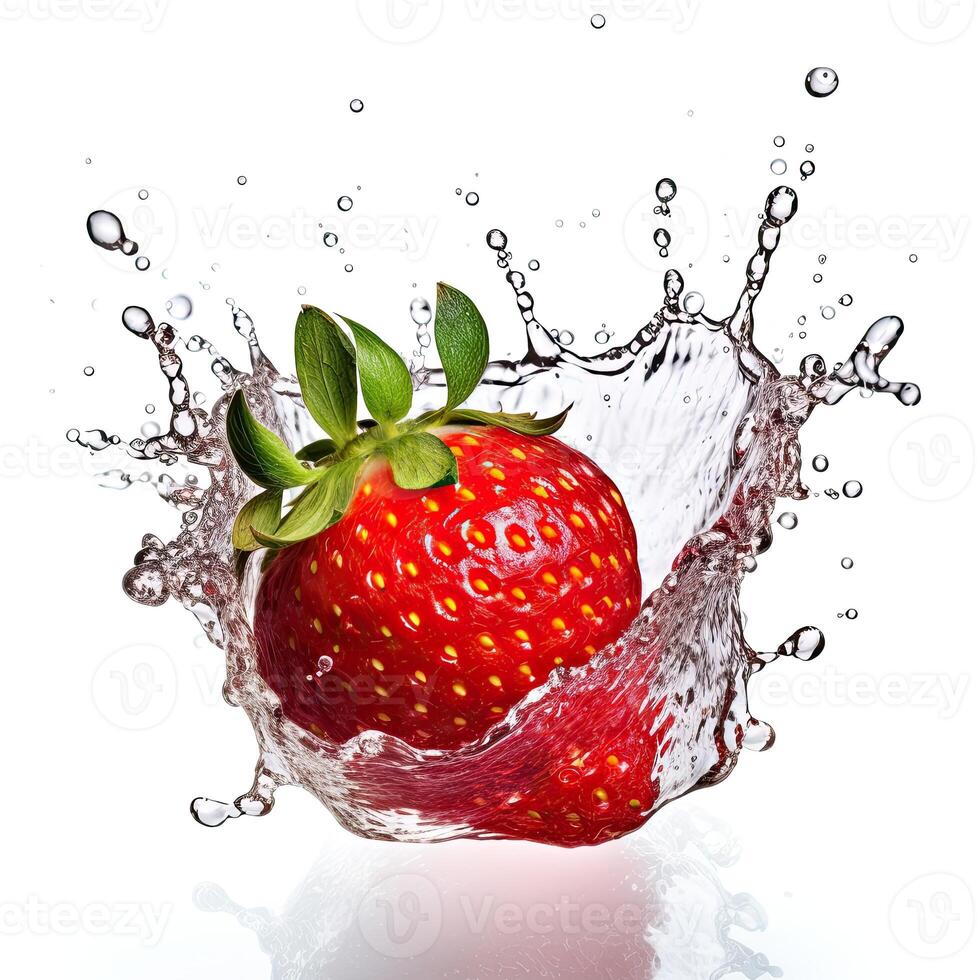 Fresh strawberry in water splash on white backround. Juicy fruit. Generative AI photo