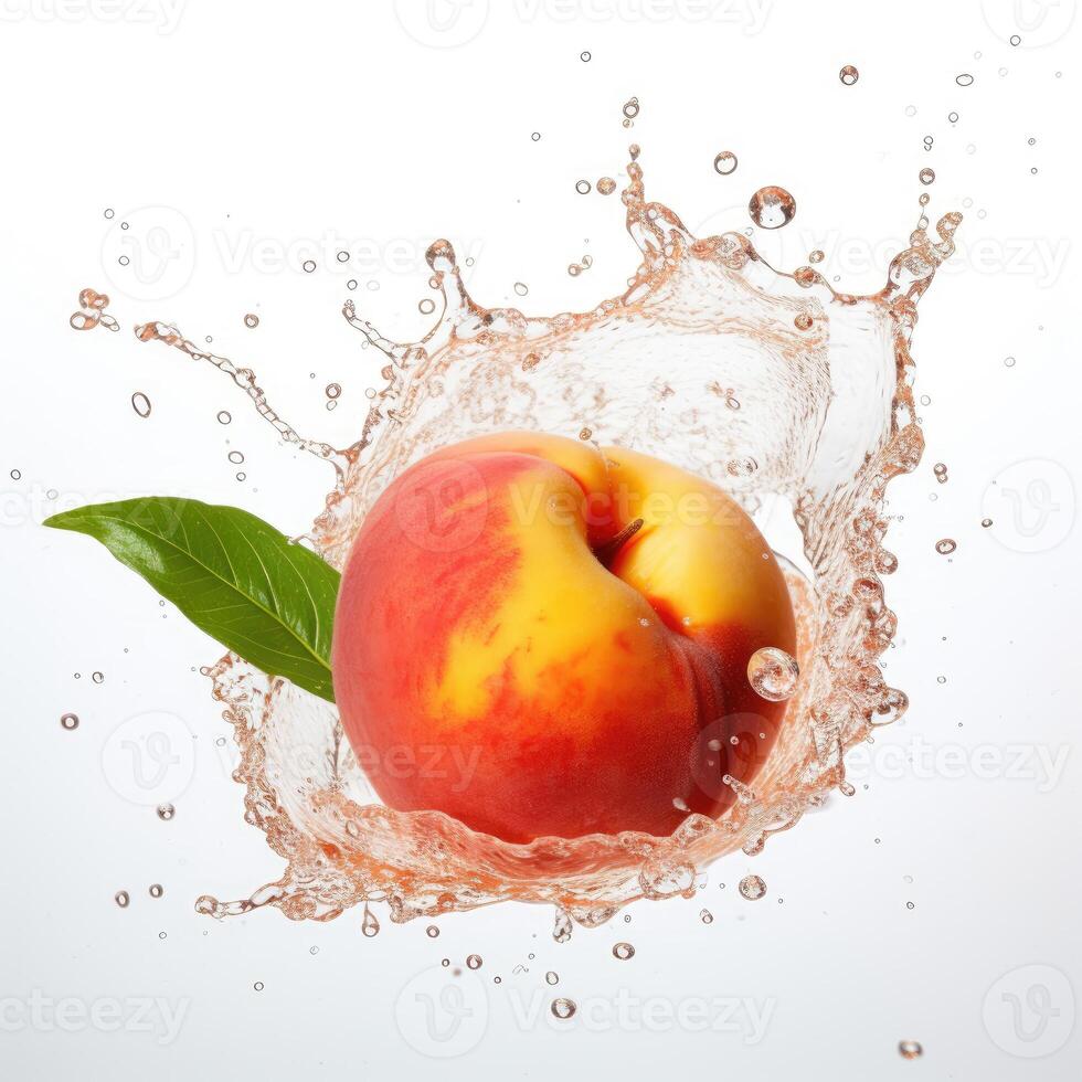 Fresh peach in water splash on white backround. Juicy fruit. Generative AI photo