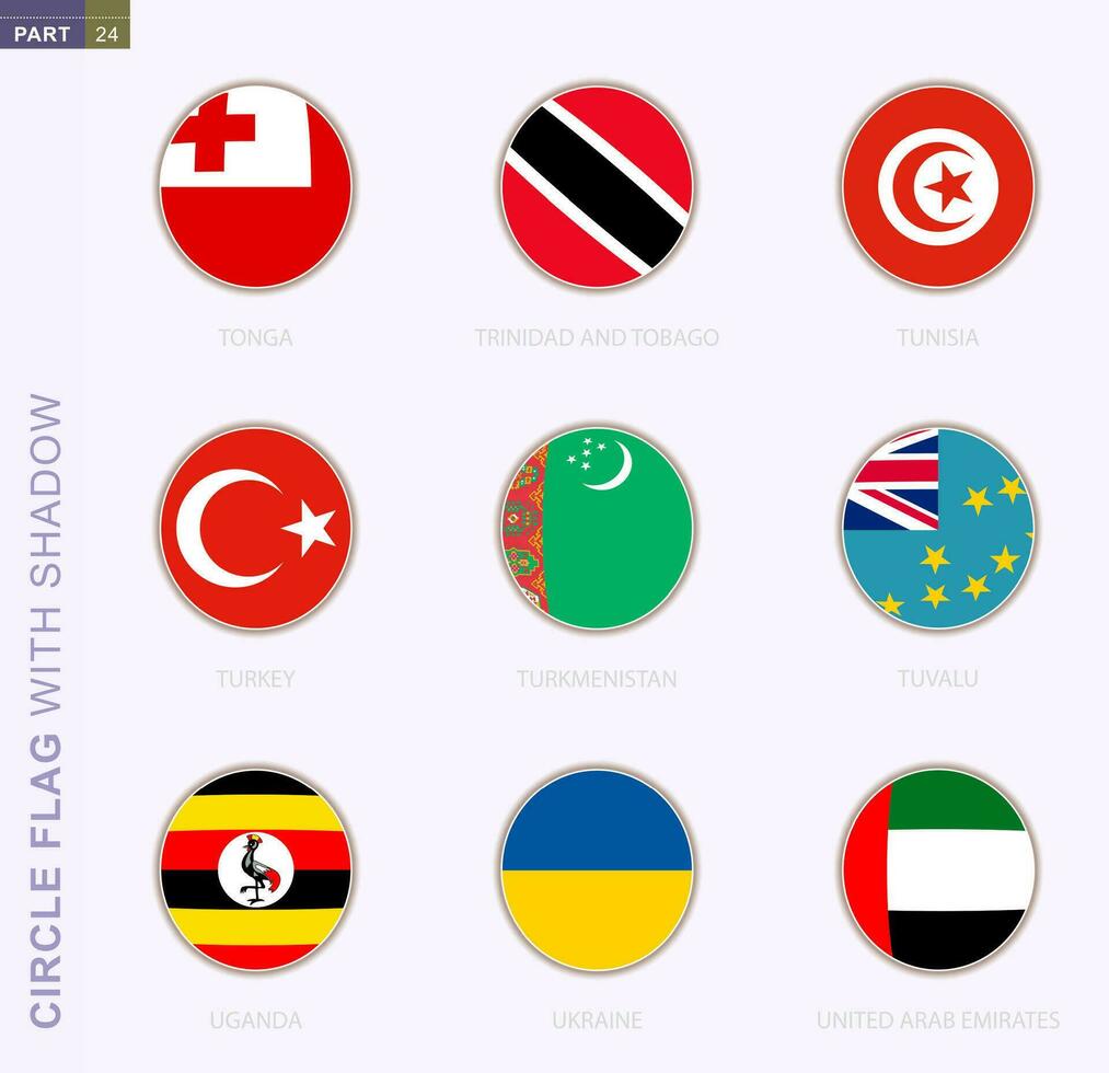 Circle flag with shadow, collection of nine round flag. Vector flags of 9 countries.