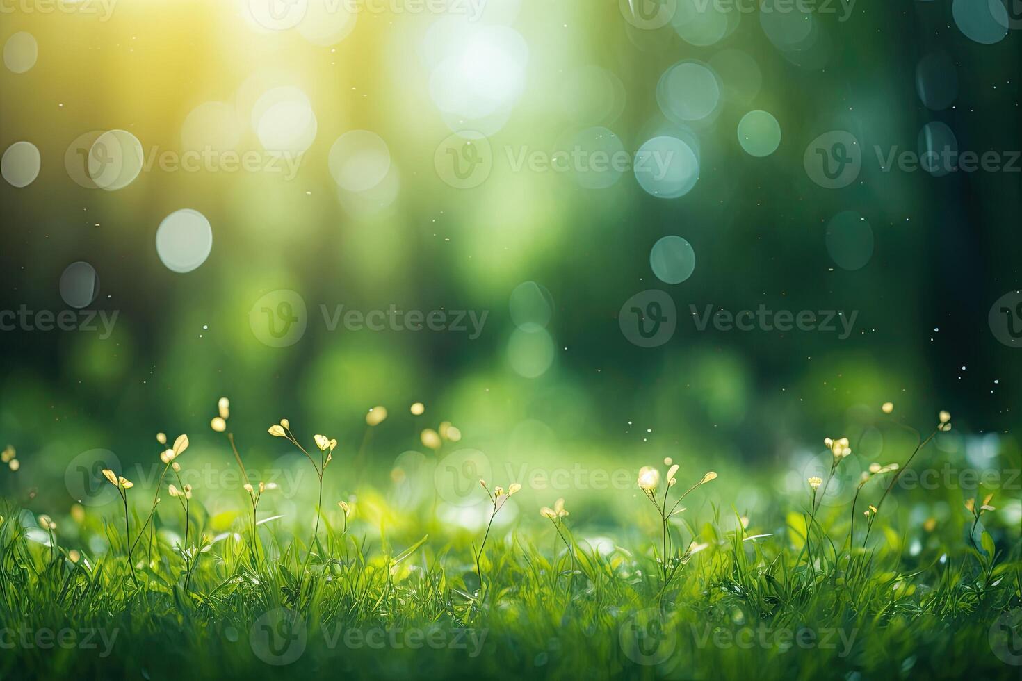 Spring nature background. Green grass flowers field with bokeh. Generative AI photo