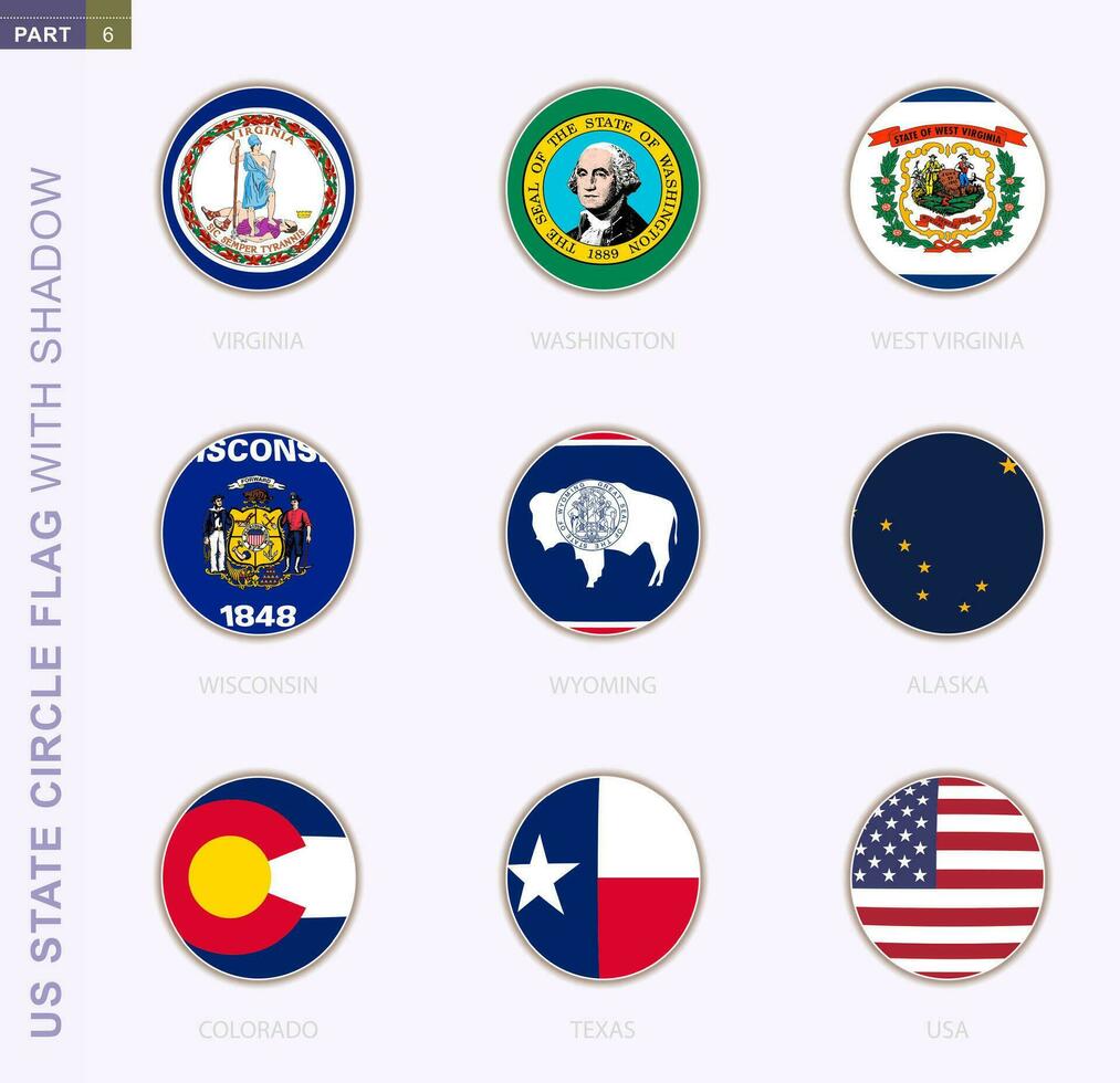 US state circle flag with shadow, collection of nine round flag. Vector flags of 9 US state.