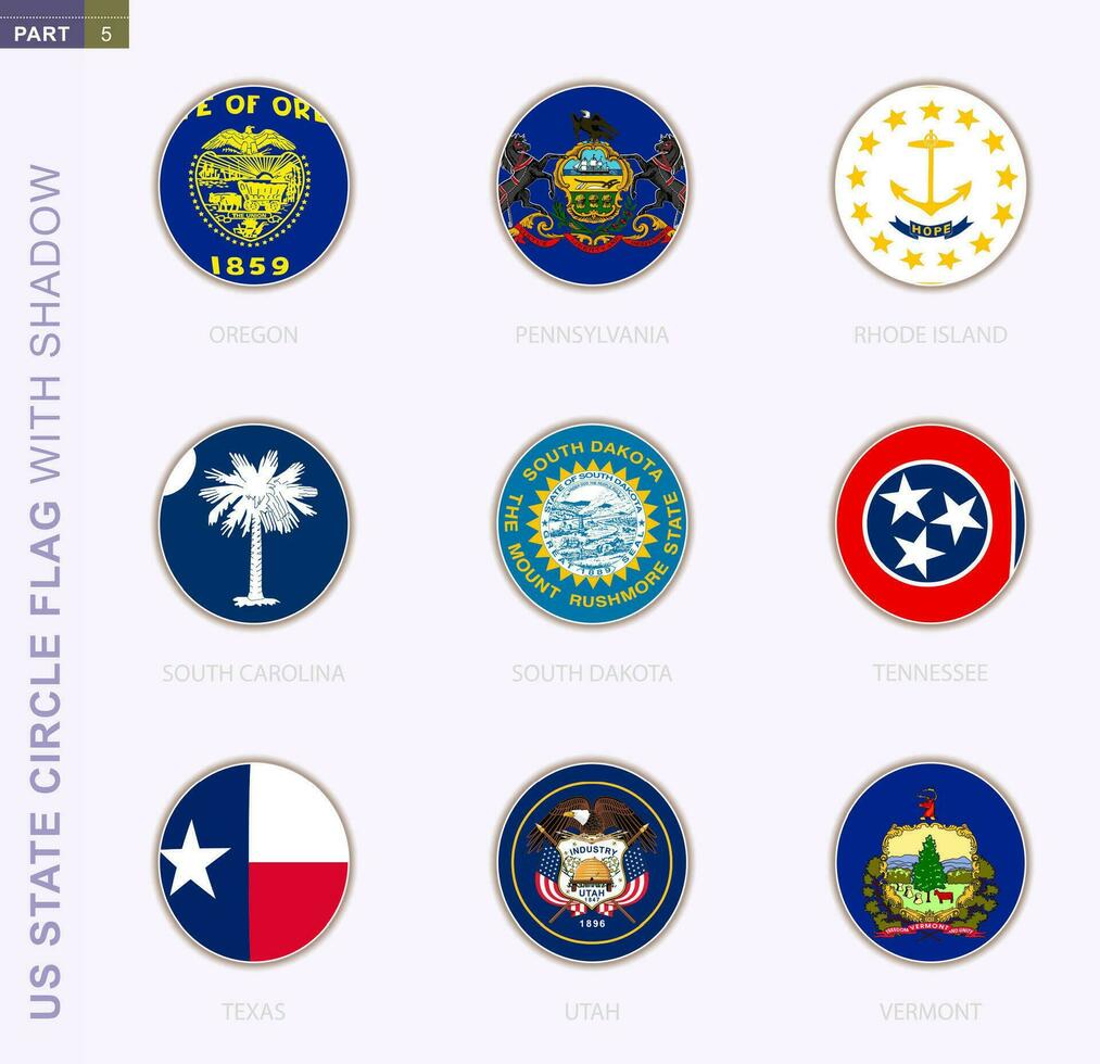 US state circle flag with shadow, collection of nine round flag. Vector flags of 9 US state.