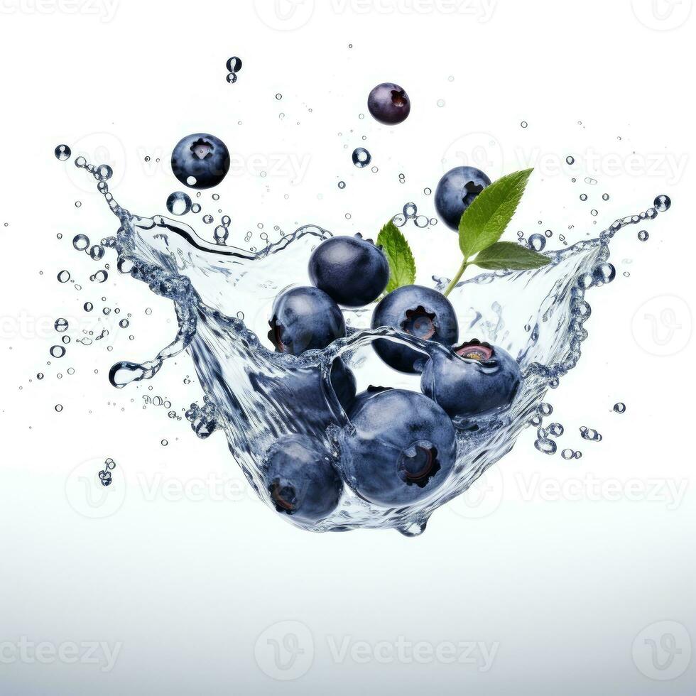 Fresh blueberry in water splash on white backround. Juicy fruit. Generative AI photo