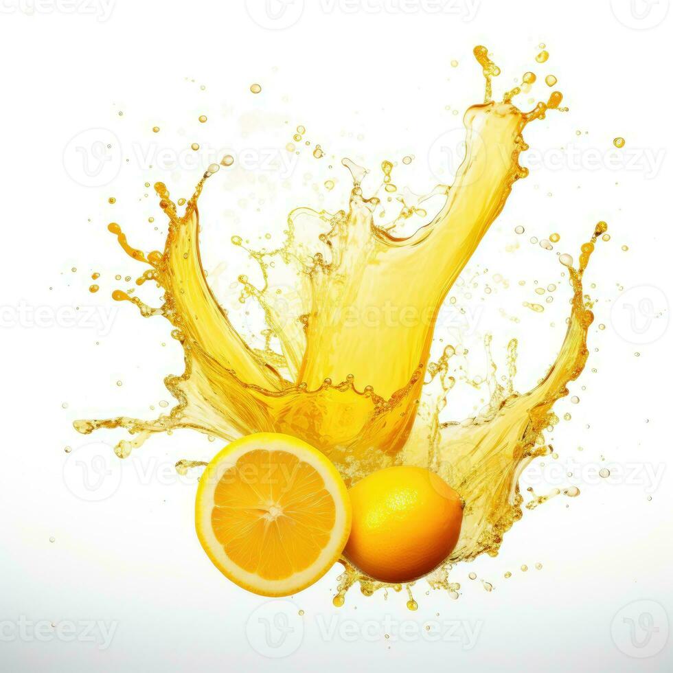 Fresh lemon in water splash on white backround. Juicy fruit. Generative AI photo