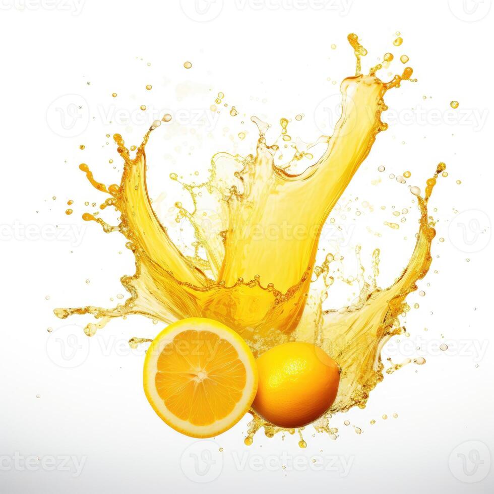 Fresh lemon in water splash on white backround. Juicy fruit. photo