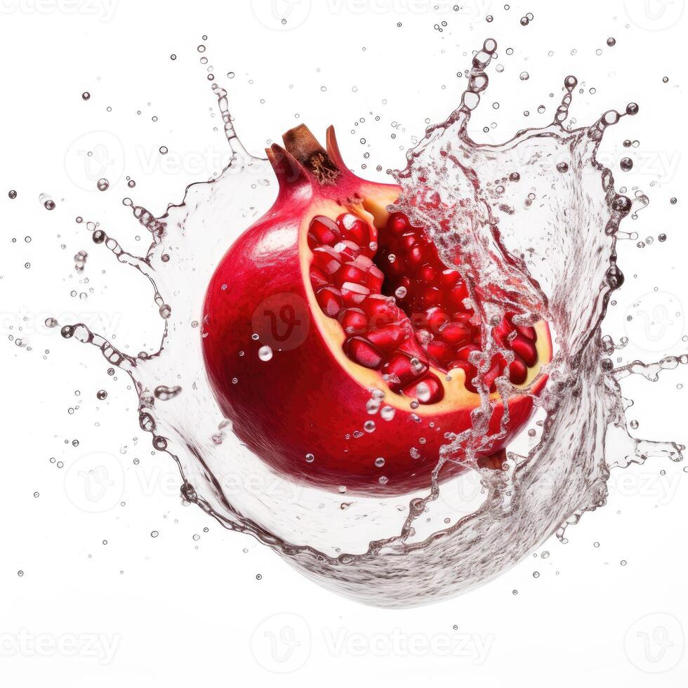 Fresh pomegranate in water splash on white backround. Juicy fruit. Generative AI photo