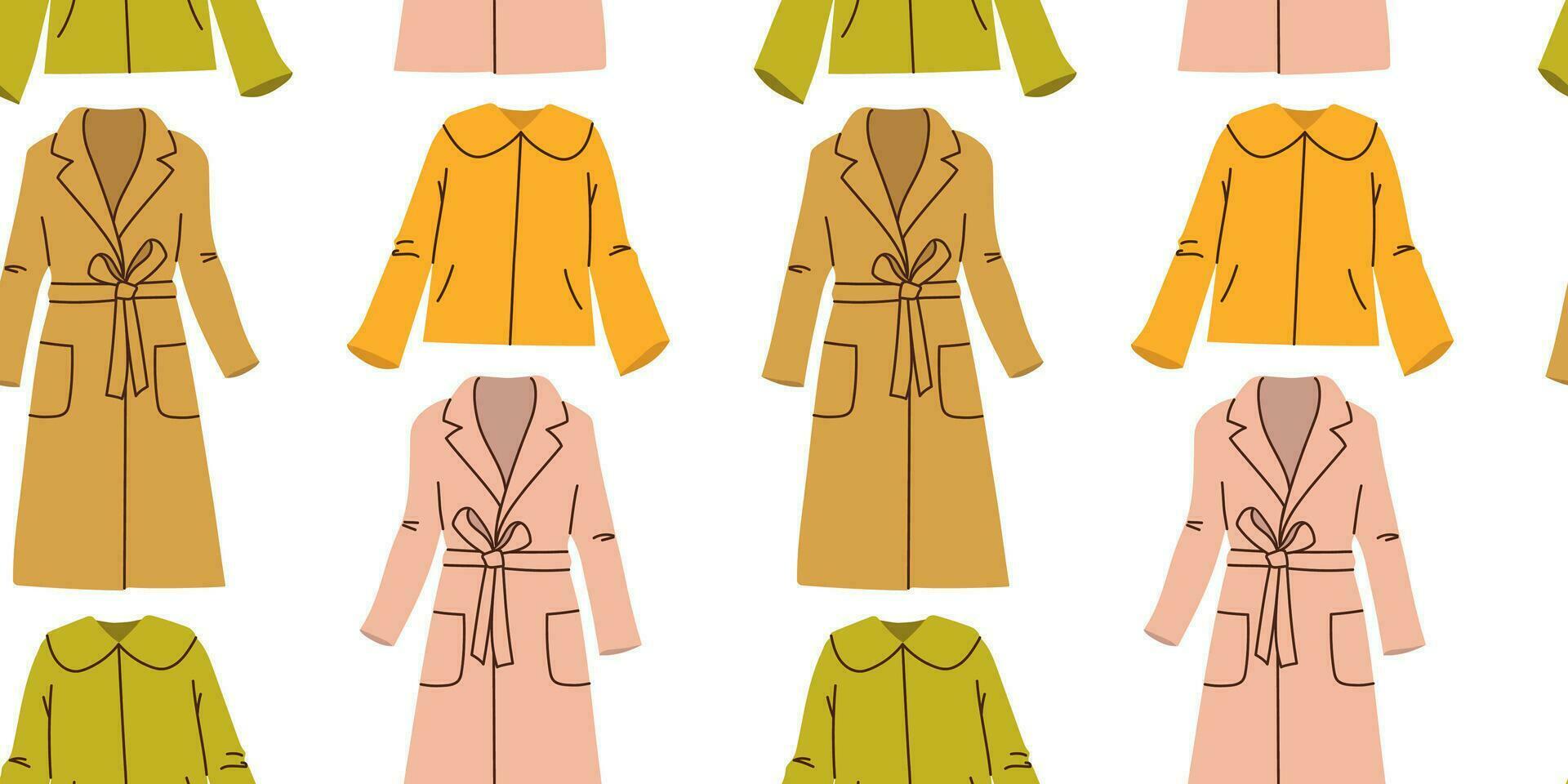 Seamless pattern with hand drawn colorful female overcoats on white background in flat style. For background, packaging, textile vector