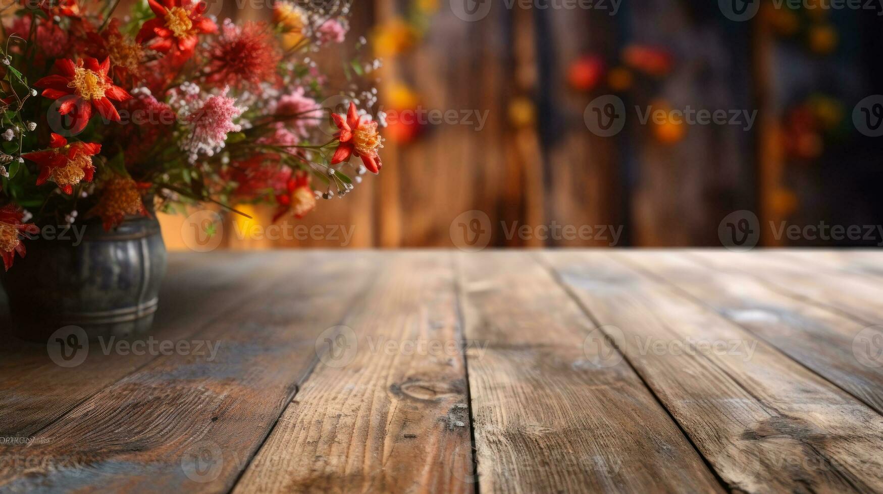 empty display scene wooden table with flowers,copy space mockup generative ai photo