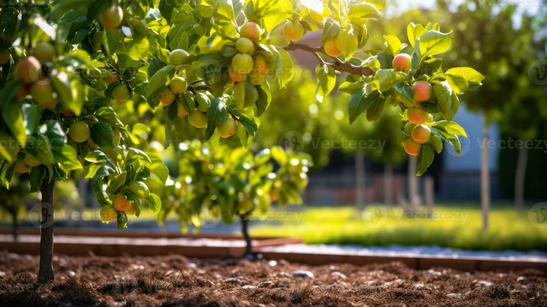 dwarf columnar green apple trees in the garden generative ai photo