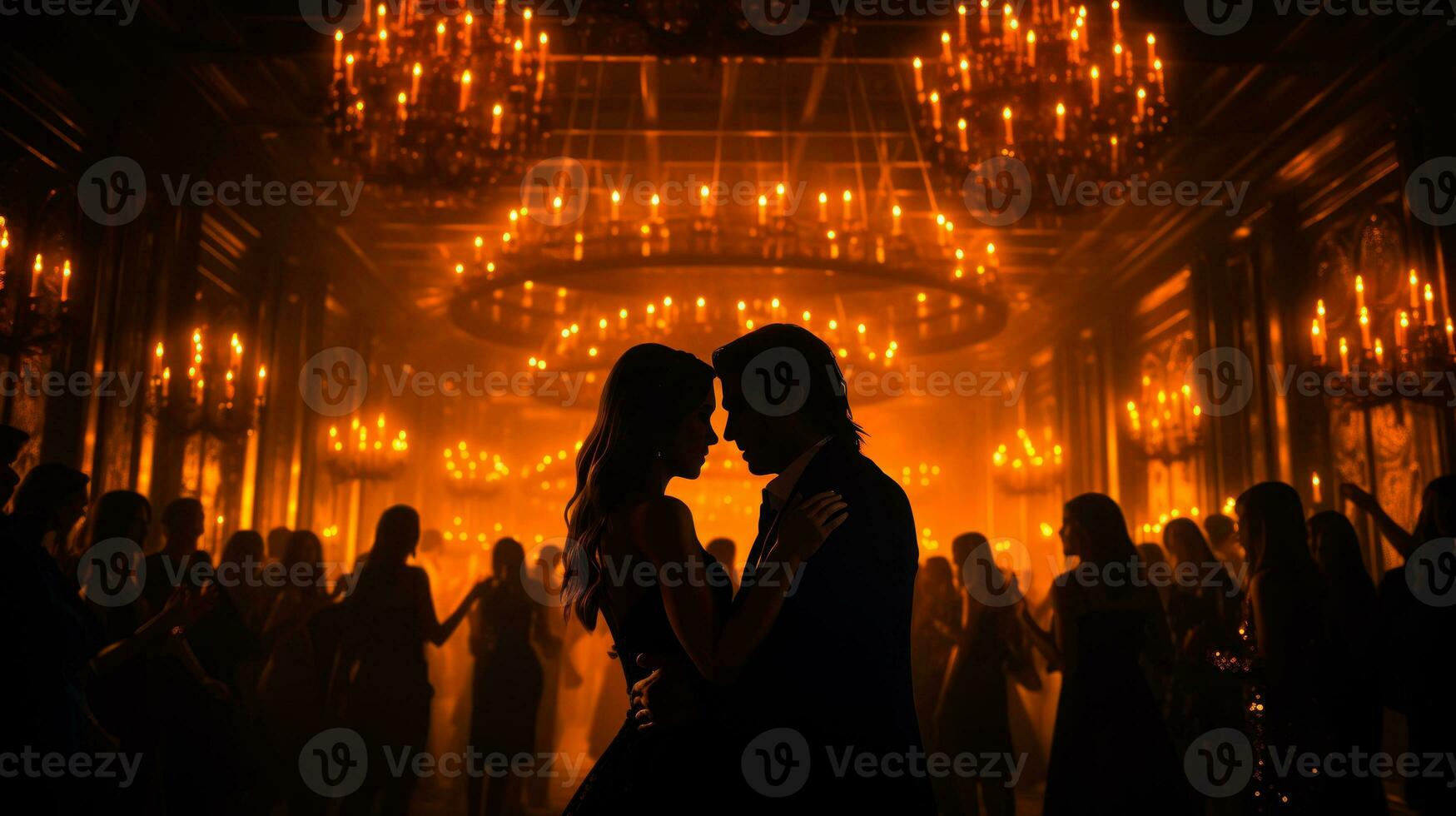 silueta Pareja en amor a el pelota por el ligero de lamparas y velas generativo ai foto