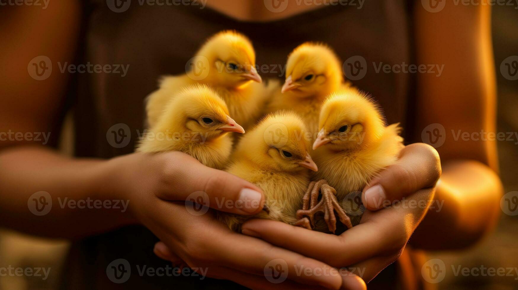 amarillo polluelos en hembra manos pequeño aves generativo ai foto