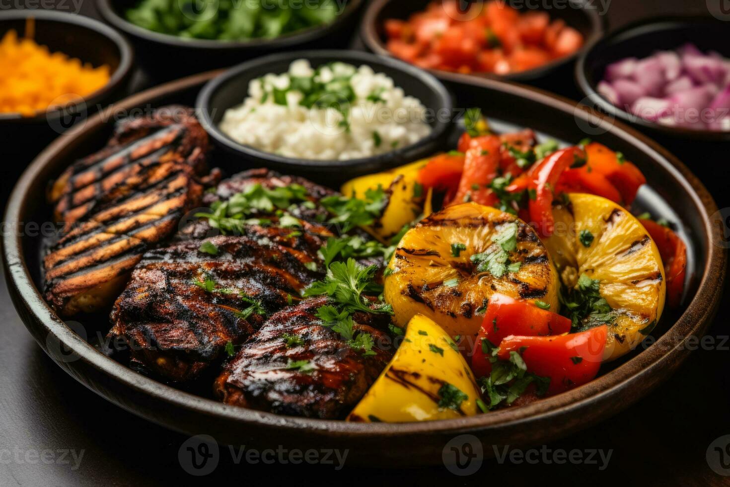 Grilled food with colorful sides photo