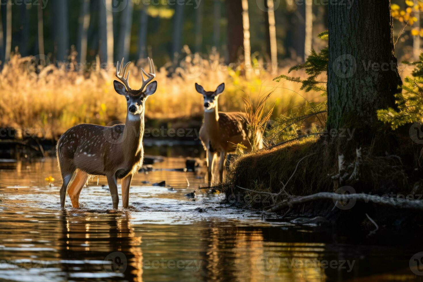 Deer at calm pond's edge photo