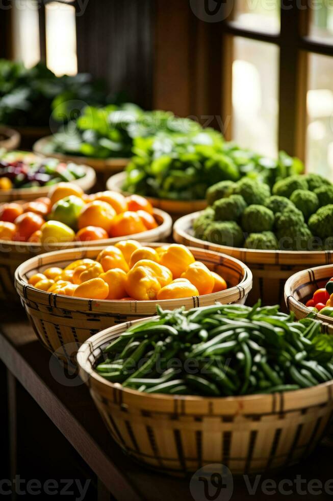 Baskets of fresh organic produce photo