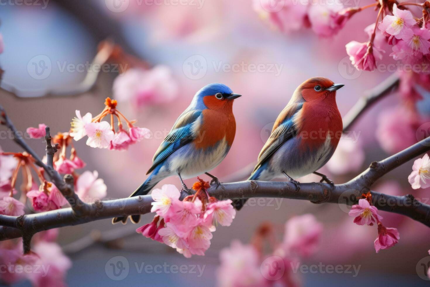 Colorful birds on cherry tree photo