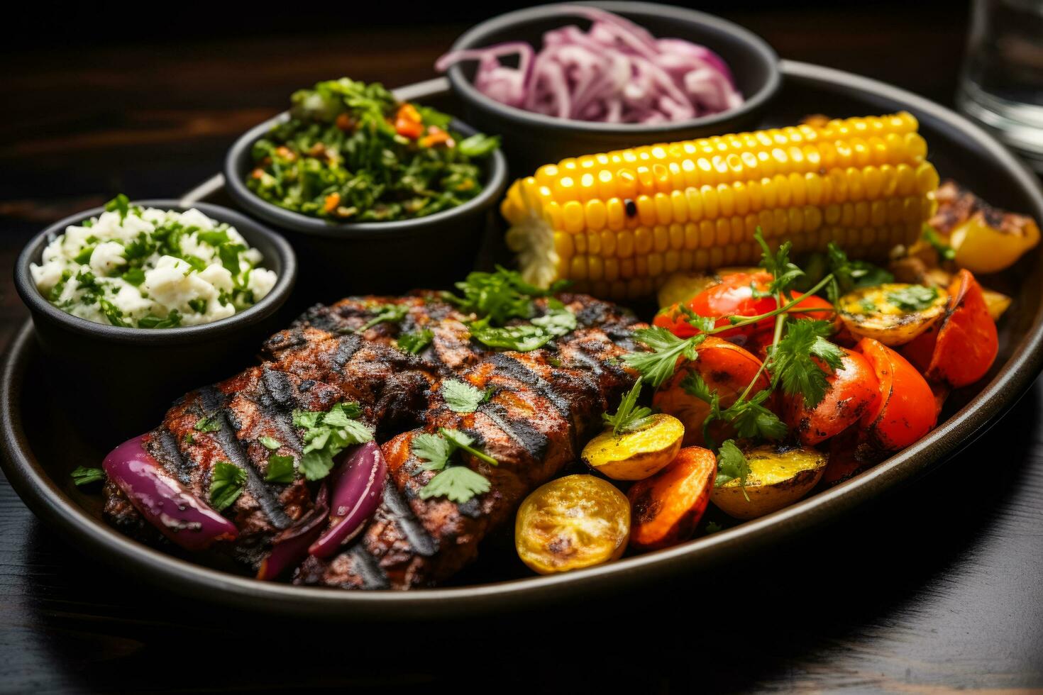Grilled food with colorful sides photo