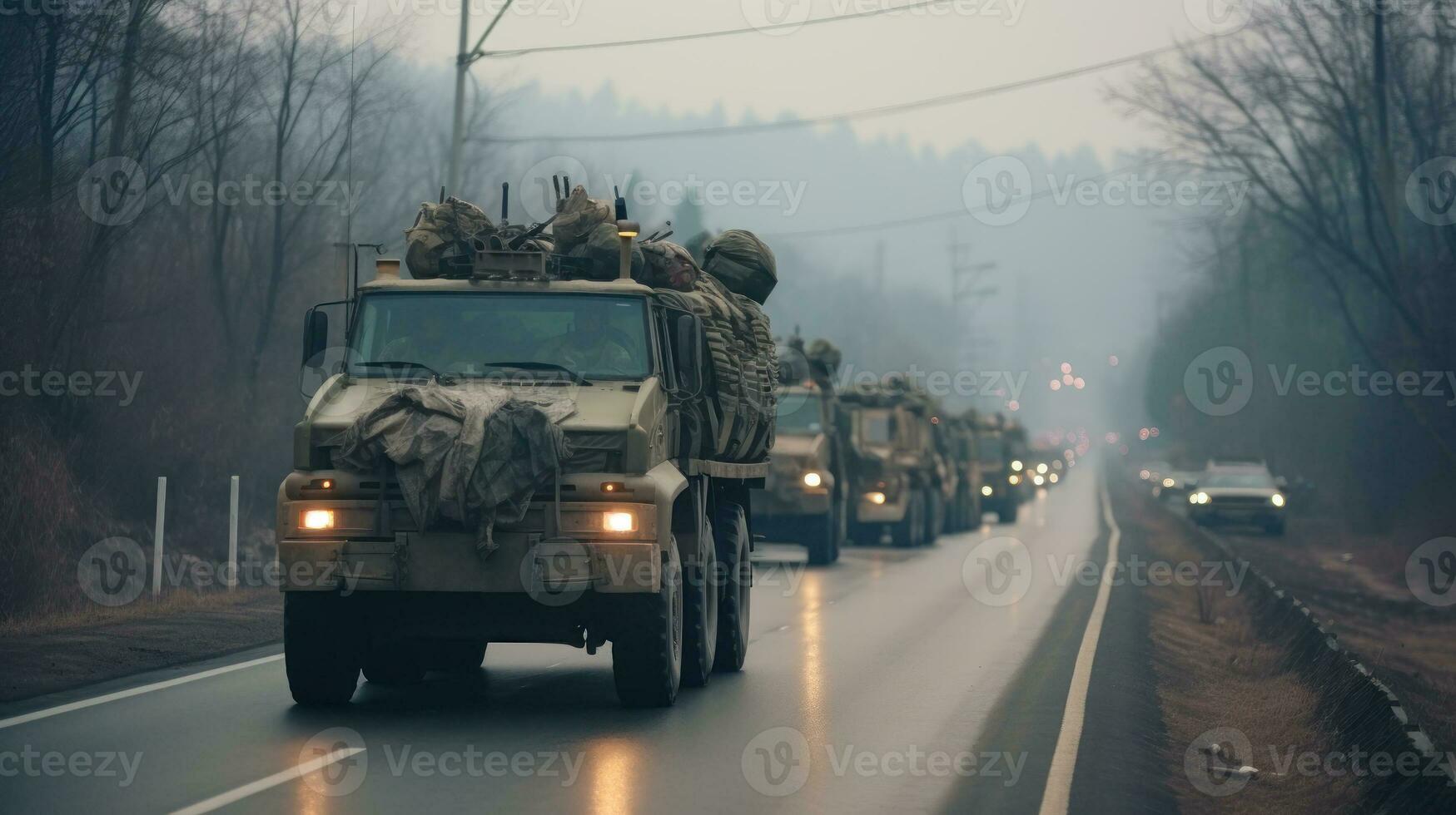 columna de militar equipo, militar vehículos en el la carretera generativo ai foto