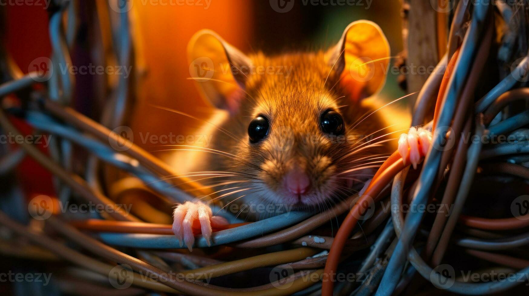 gracioso ratón enredado en eléctrico alambres generativo ai foto