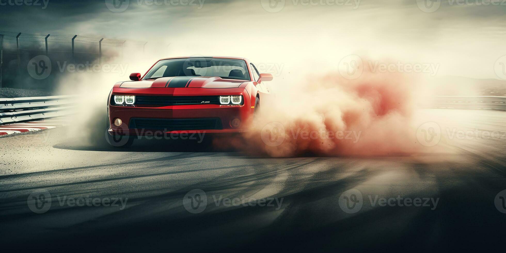 sports car performing burnout or drifting on racing track with smoke and heat. ai generative photo