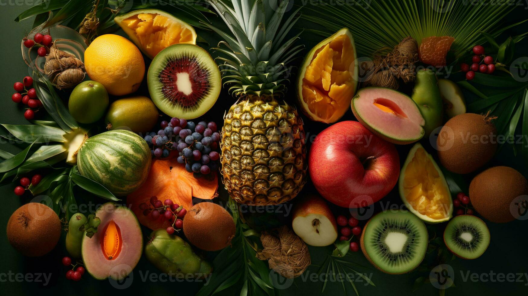 tropical paraíso. Fresco vistoso frutas, piña, naranja, uvas, Coco. verano antecedentes. ai generativo foto