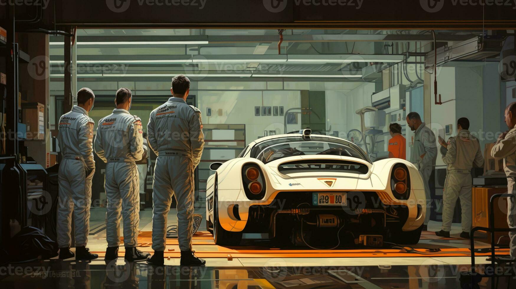 Rear view of men wearing white rompers. Sportsmen stand looking at race cars standing in the garage. ai generative photo