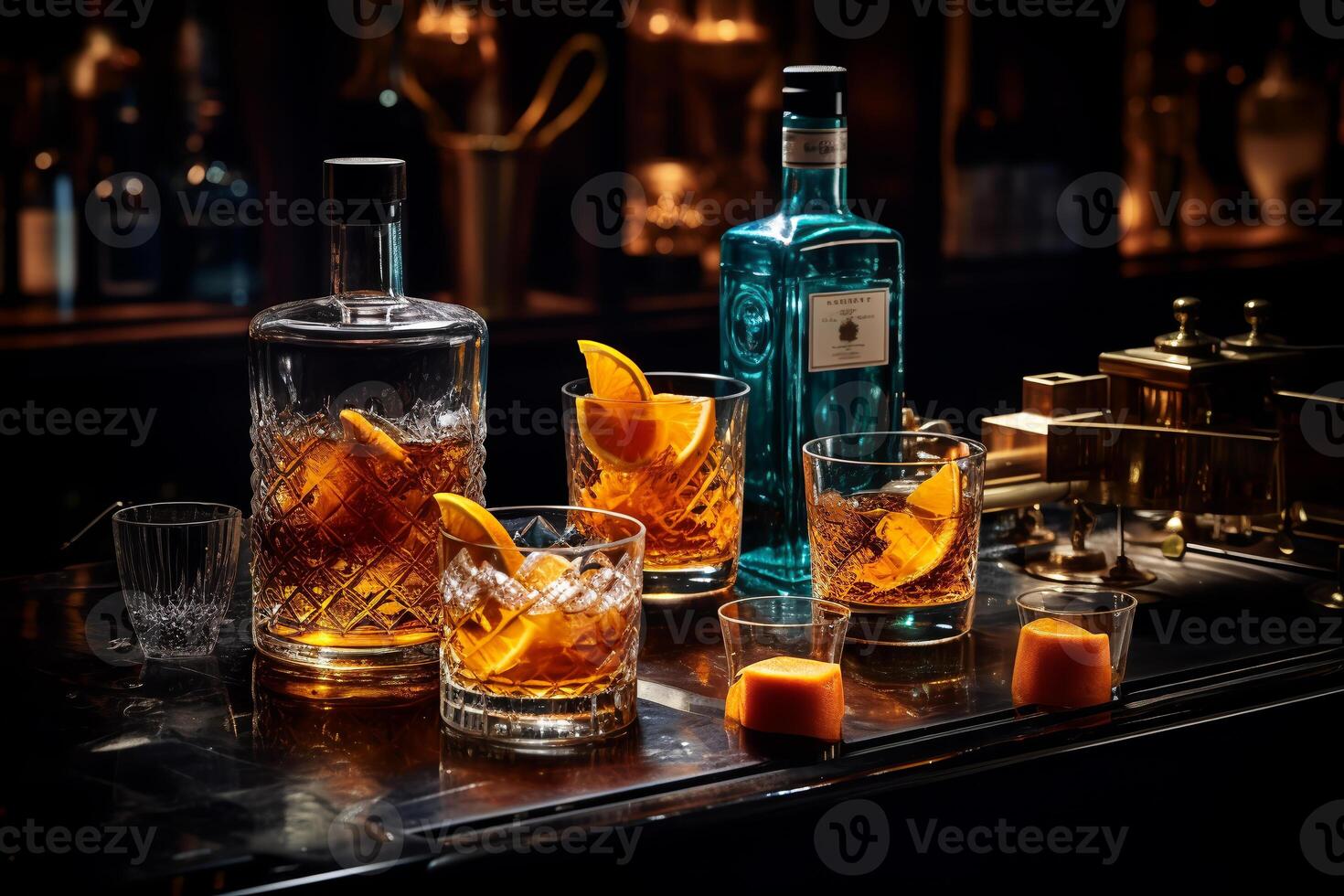 Cocktail party, alcohol drinks with gin, whiskey, vermouth and liquor, black bar counter background, nightlife atmosphere. photo