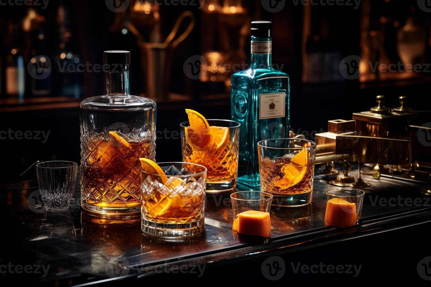 Cocktail party, alcohol drinks with gin, whiskey, vermouth and liquor, black bar counter background, nightlife atmosphere.ai generative photo