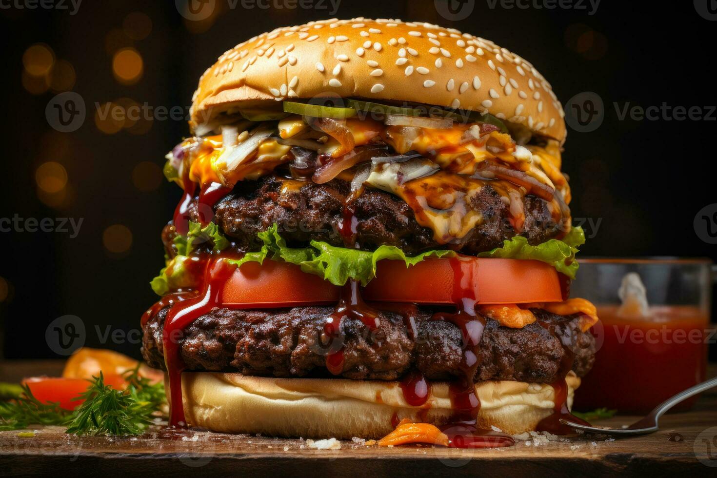 grande jugoso carne hamburguesa con Fresco vegetales generativo ai foto