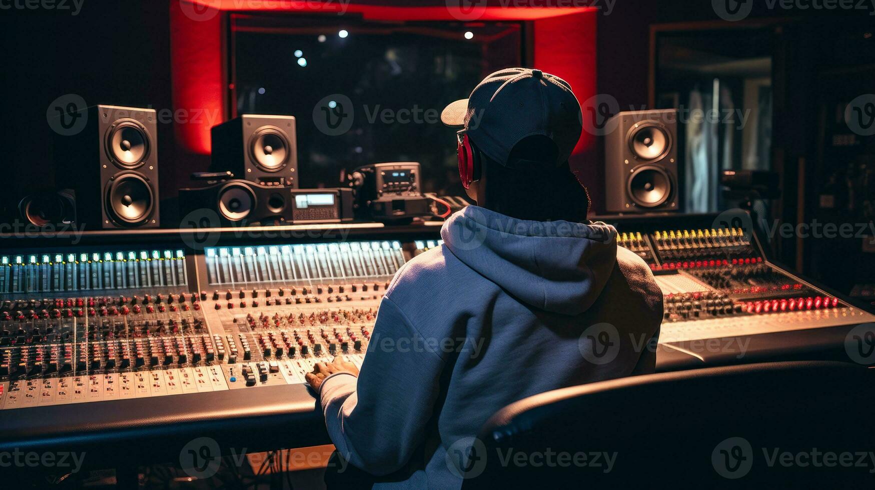 sound engineer in headphones in recording studio generative ai photo