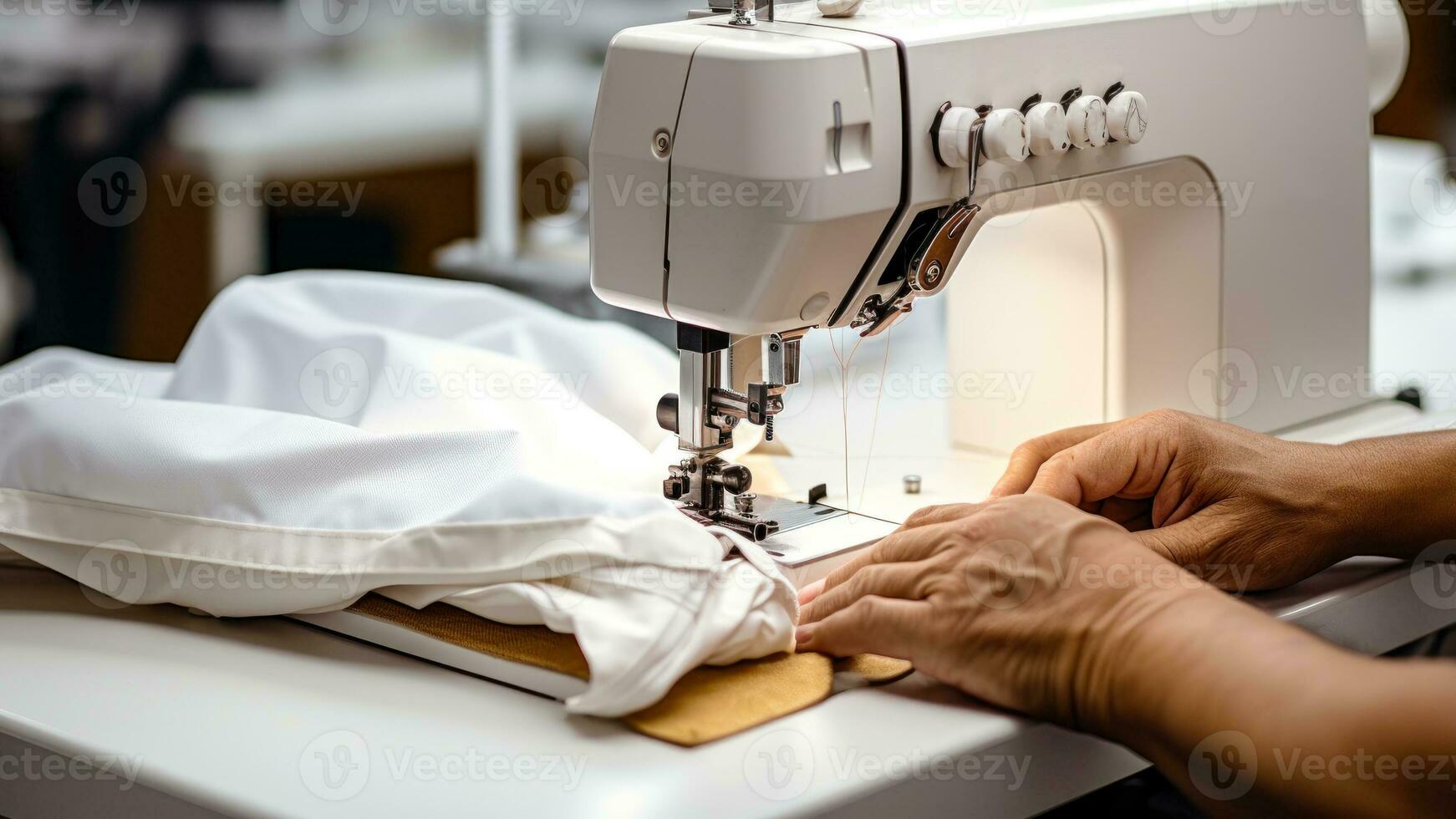 manos de coser blanco tela en un de coser máquina generativo ai foto