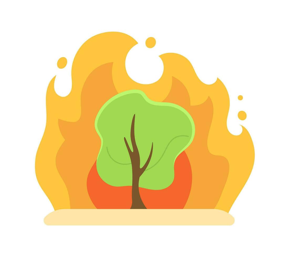 Burning tree semi flat colour vector object. Fire in forest. Natural disaster. Editable cartoon clip art icon on white background. Simple spot illustration for web graphic design