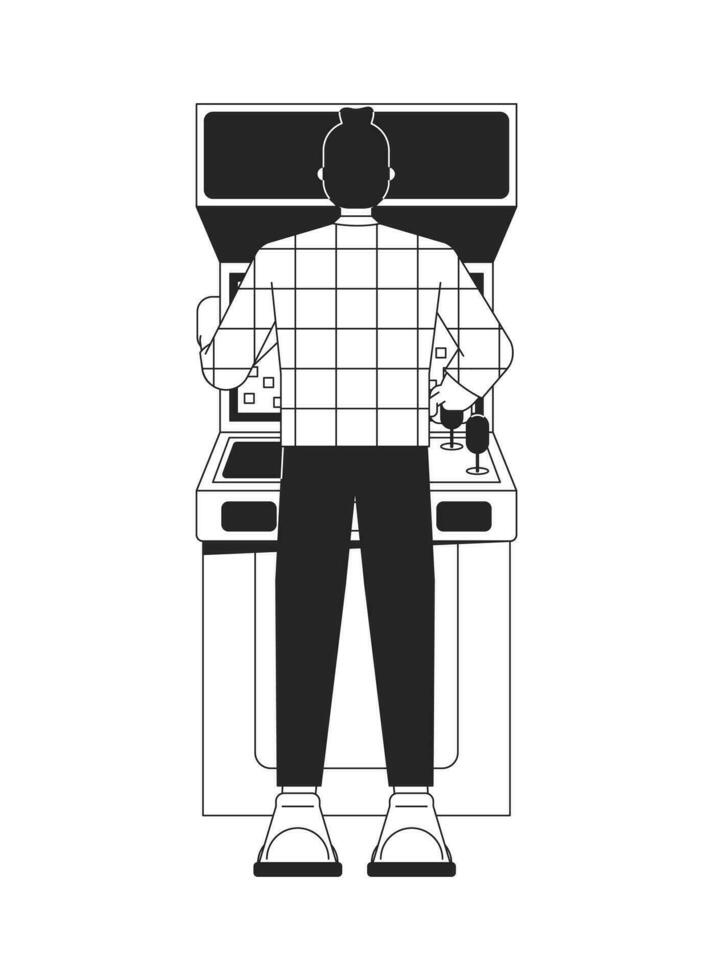 Young man playing arcade flat line black white vector character. Leisure. Hobbie. Editable outline full body person. Simple cartoon isolated spot illustration for web graphic design