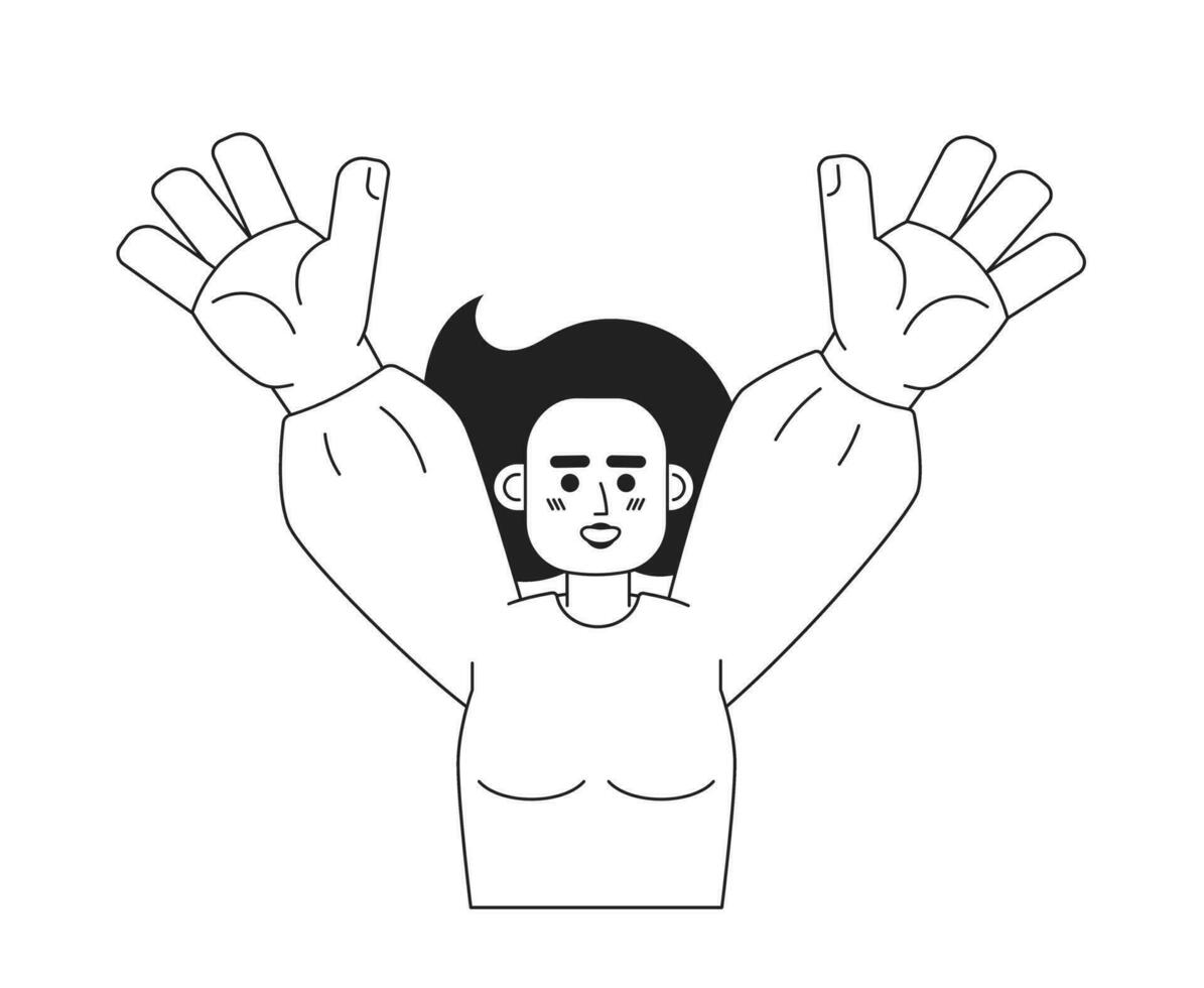 Woman raising hands monochromatic flat vector character. Cheerful pretty asian girl. Happy person. Editable thin line half body person on white. Simple bw cartoon spot image for web graphic design