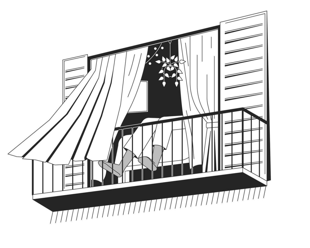 Person relaxing bw concept vector spot illustration. Balcony view. Wind blow curtains. 2D cartoon flat line monochromatic character for web UI design. Editable isolated outline hero image