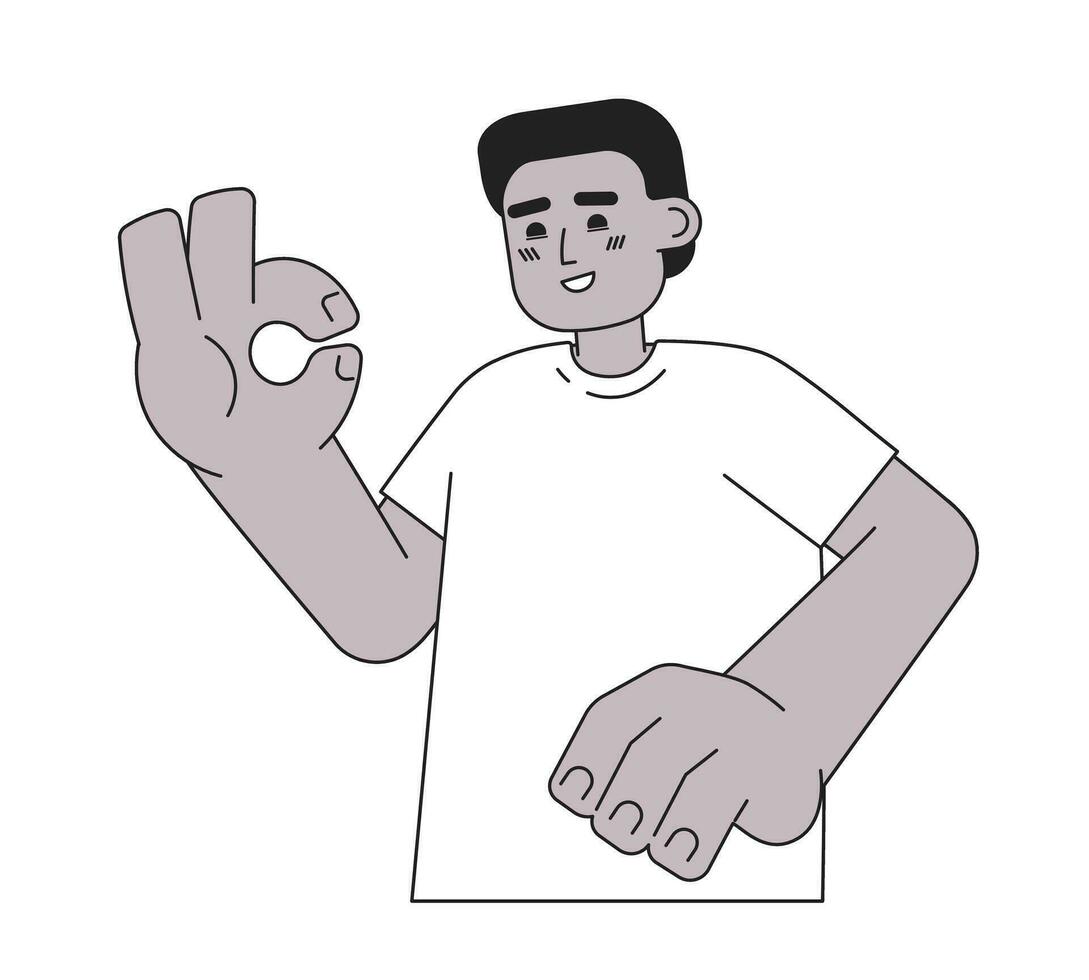 African american man showing all is well monochromatic flat vector character. Okay gesture. Editable thin line half body person on white. Simple bw cartoon spot image for web graphic design