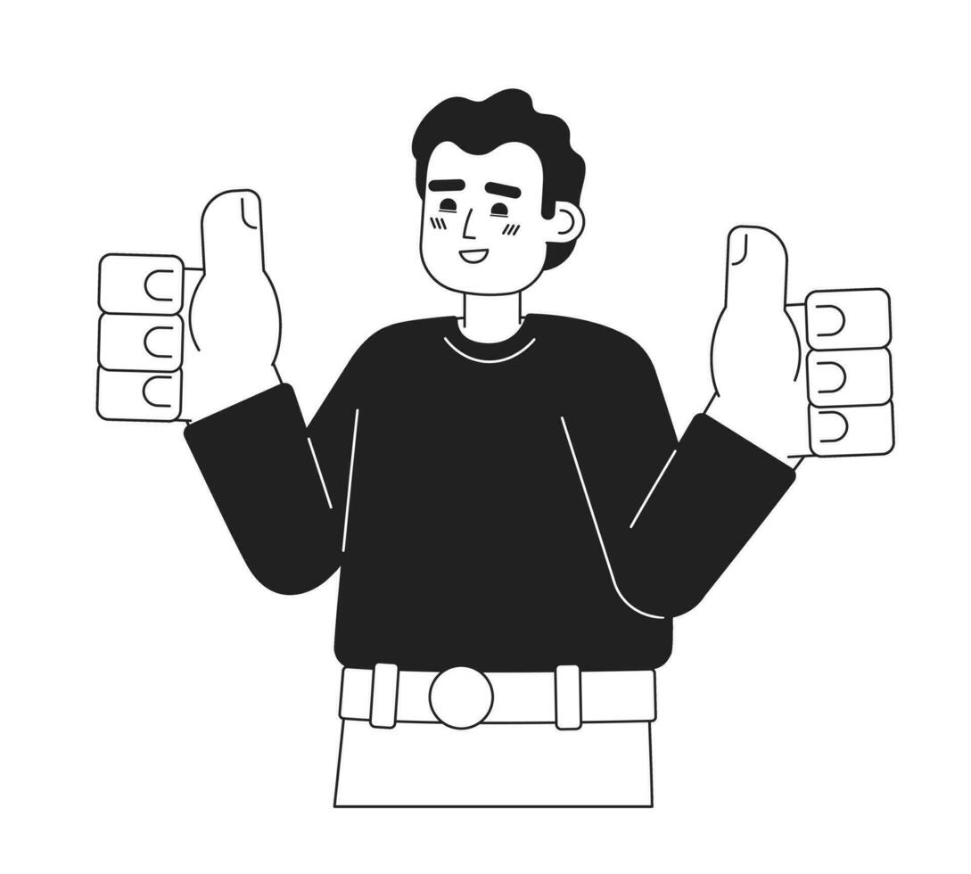 Man showing all right gesture monochromatic flat vector character. Sincere smile. Optimistic. Editable thin line half body person on white. Simple bw cartoon spot image for web graphic design