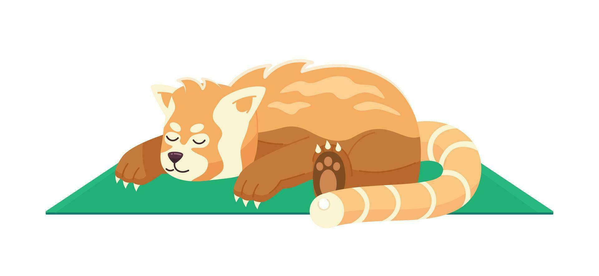 Sleeping red panda semi flat color vector character. Japanese bear. Relaxing on blanket. Editable full body animal on white. Simple cartoon spot illustration for web graphic design
